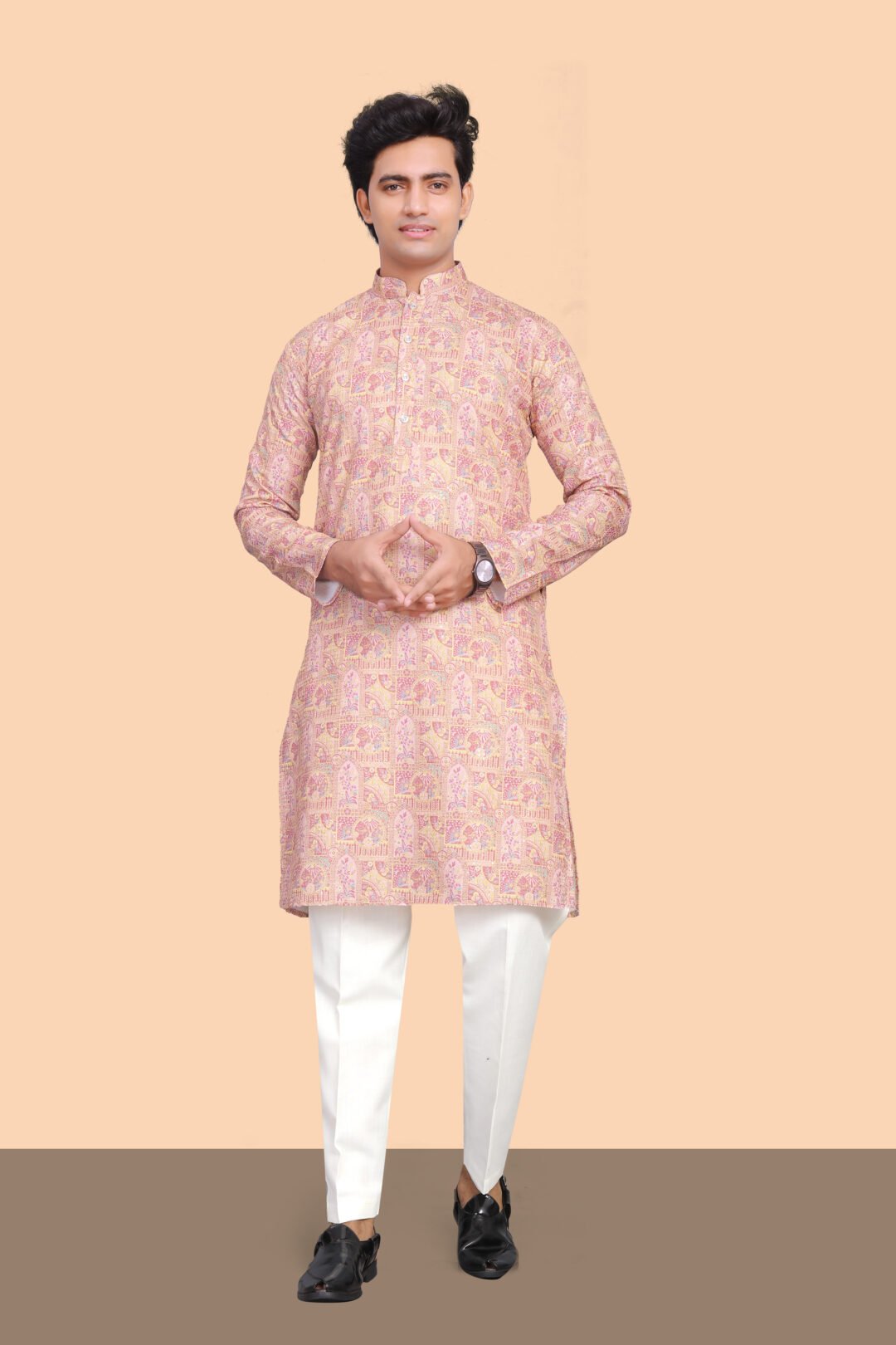 RAGHUVAANSHIKURTA Men's Peach & Pink Printed Kurta Traditional Long Sleeve Ethnic Wear Cotton Blend Festive Kurta for Men