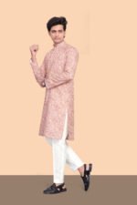 RAGHUVAANSHIKURTA Men's Peach & Pink Printed Kurta Traditional Long Sleeve Ethnic Wear Cotton Blend Festive Kurta for Men