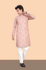 RAGHUVAANSHIKURTA Men's Peach & Pink Printed Kurta Traditional Long Sleeve Ethnic Wear Cotton Blend Festive Kurta for Men