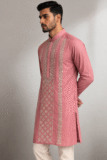 Peach Roman Silk Heavy Mirror Work Long Kurta for Men