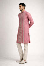 Peach Roman Silk Heavy Mirror Work Long Kurta for Men