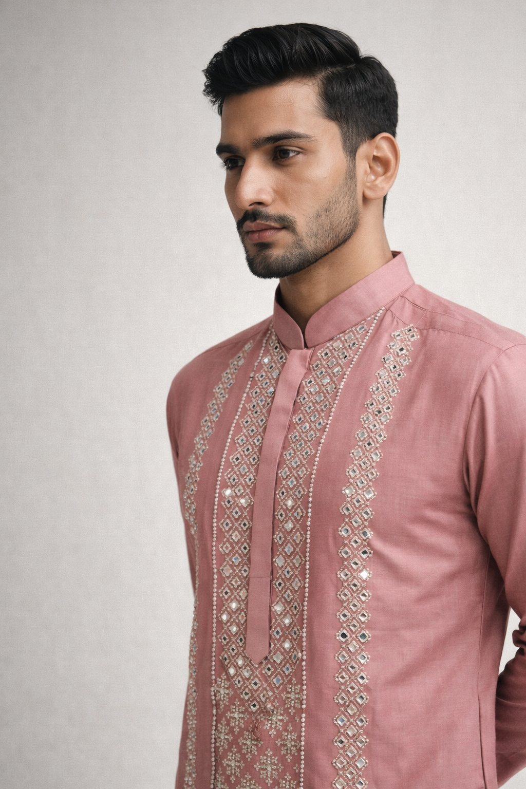 Peach Roman Silk Heavy Mirror Work Long Kurta for Men