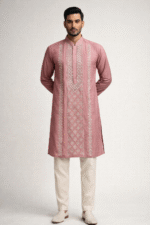 Peach Roman Silk Heavy Mirror Work Long Kurta for Men