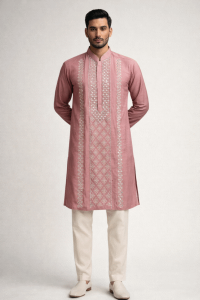 Peach Roman Silk Heavy Mirror Work Long Kurta for Men