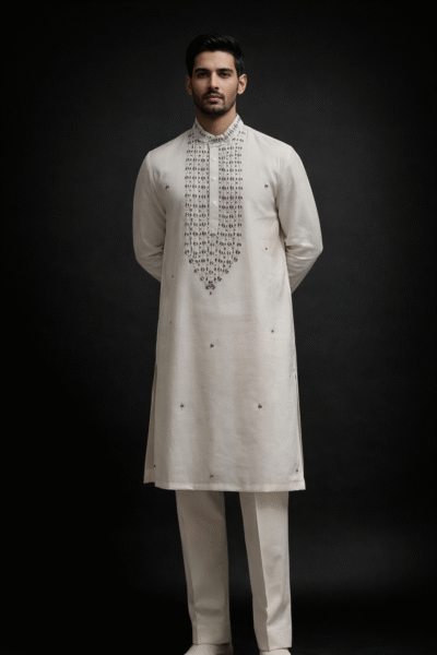 Off-White Roman Silk Long Kurta