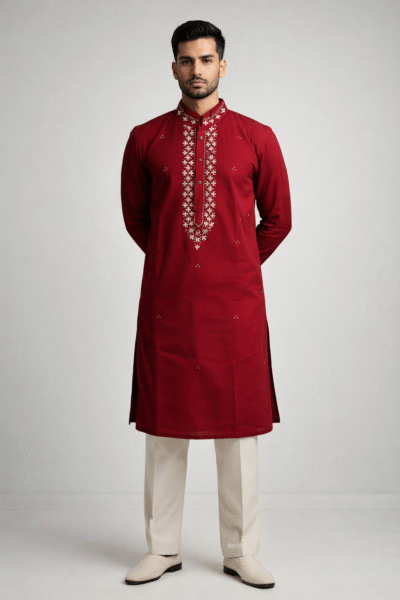 Maroon Roman Silk Long Kurta