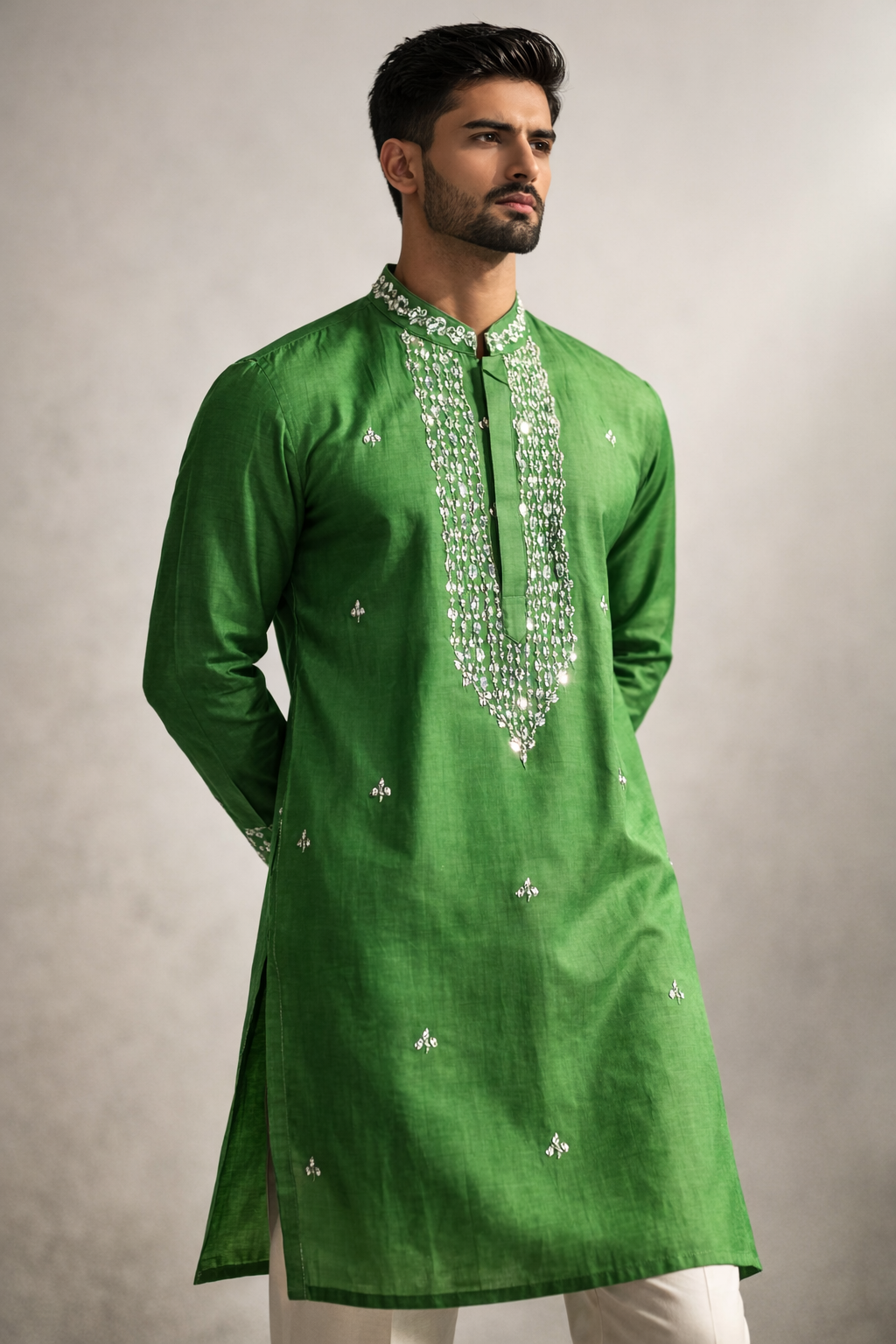 Olive Green Roman Silk Long Kurta