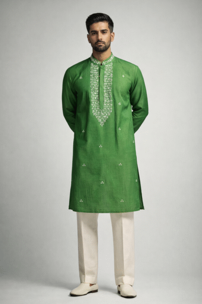 Olive Green Roman Silk Long Kurta