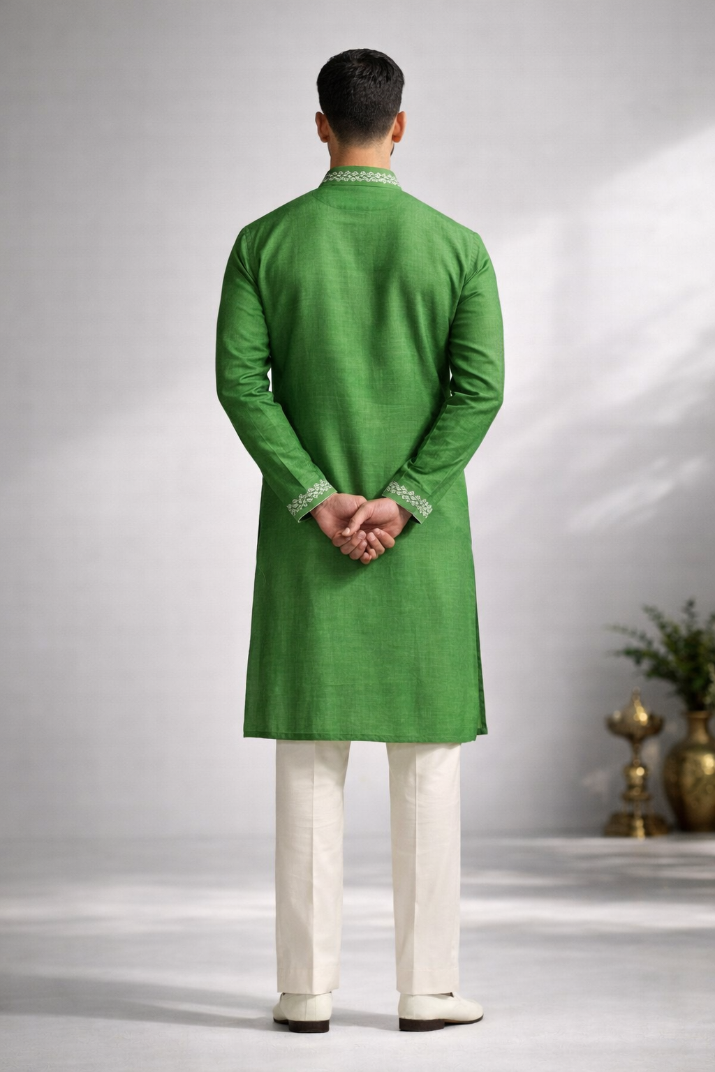 Olive Green Roman Silk Long Kurta