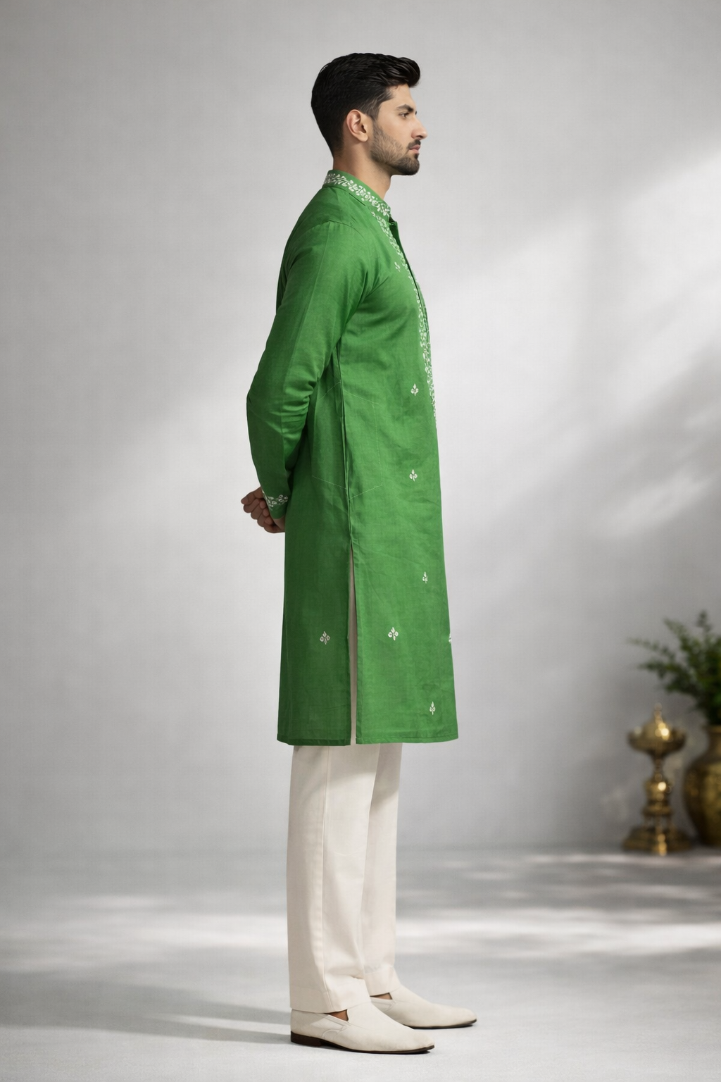 Olive Green Roman Silk Long Kurta