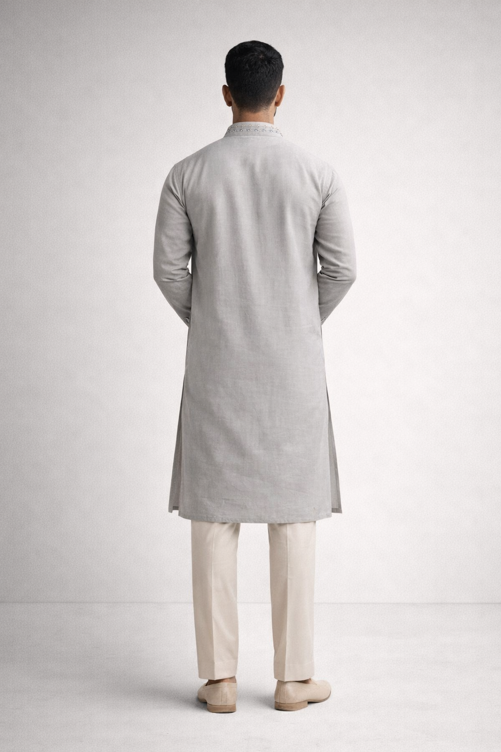 Soft Light Grey Roman Silk Long Kurta