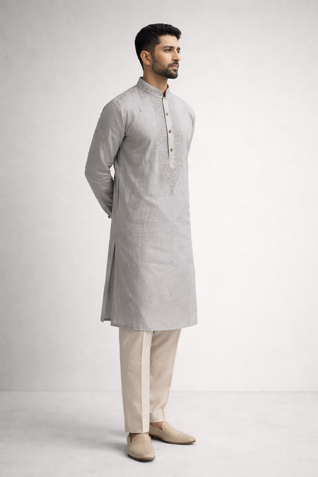 Soft Light Grey Roman Silk Long Kurta