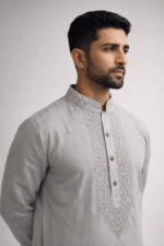 Soft Light Grey Roman Silk Long Kurta
