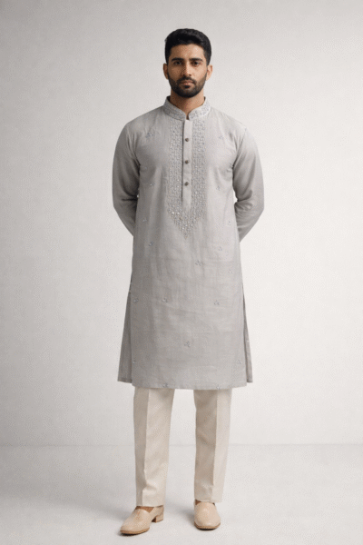 Soft Light Grey Roman Silk Long Kurta