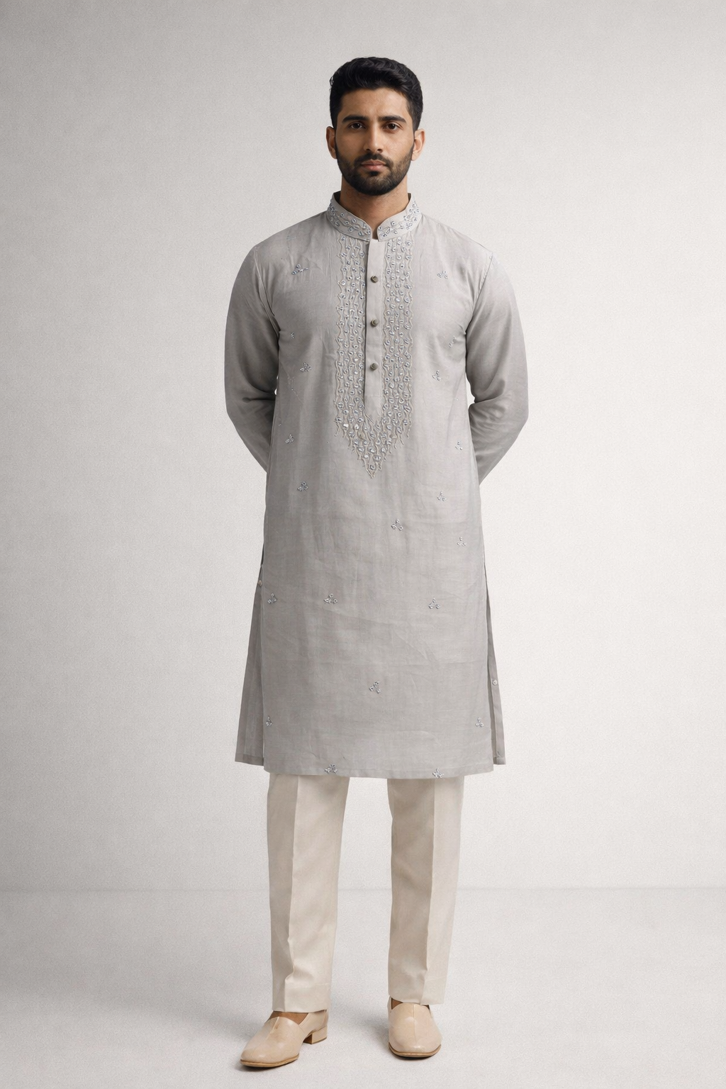 Soft Light Grey Roman Silk Long Kurta