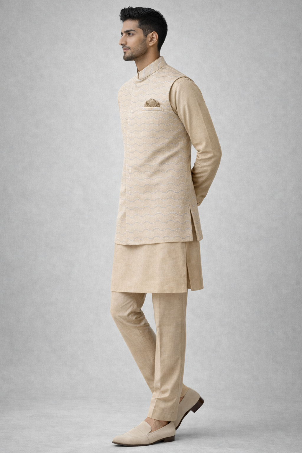 Beige Gold Royal Silk Nehru Jacket