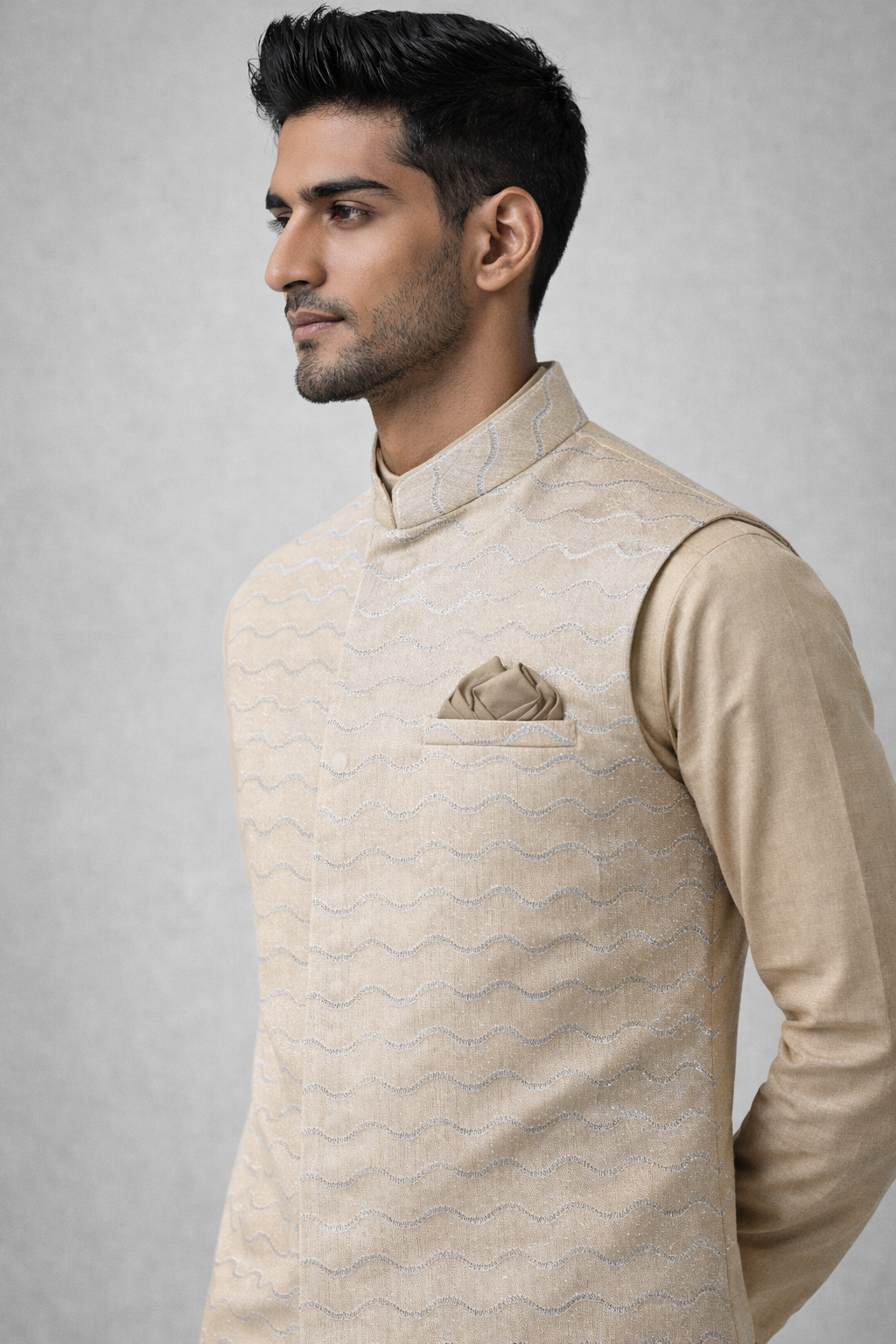 Beige Gold Royal Silk Nehru Jacket