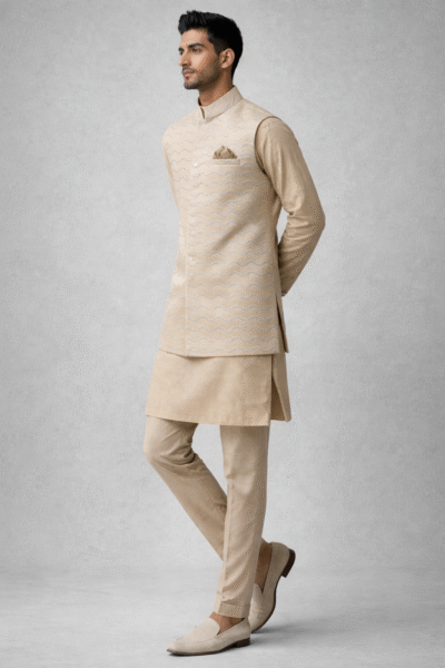 Beige Gold Royal Silk Nehru Jacket