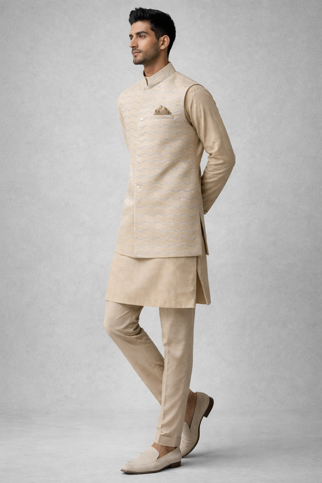 Beige Gold Royal Silk Nehru Jacket