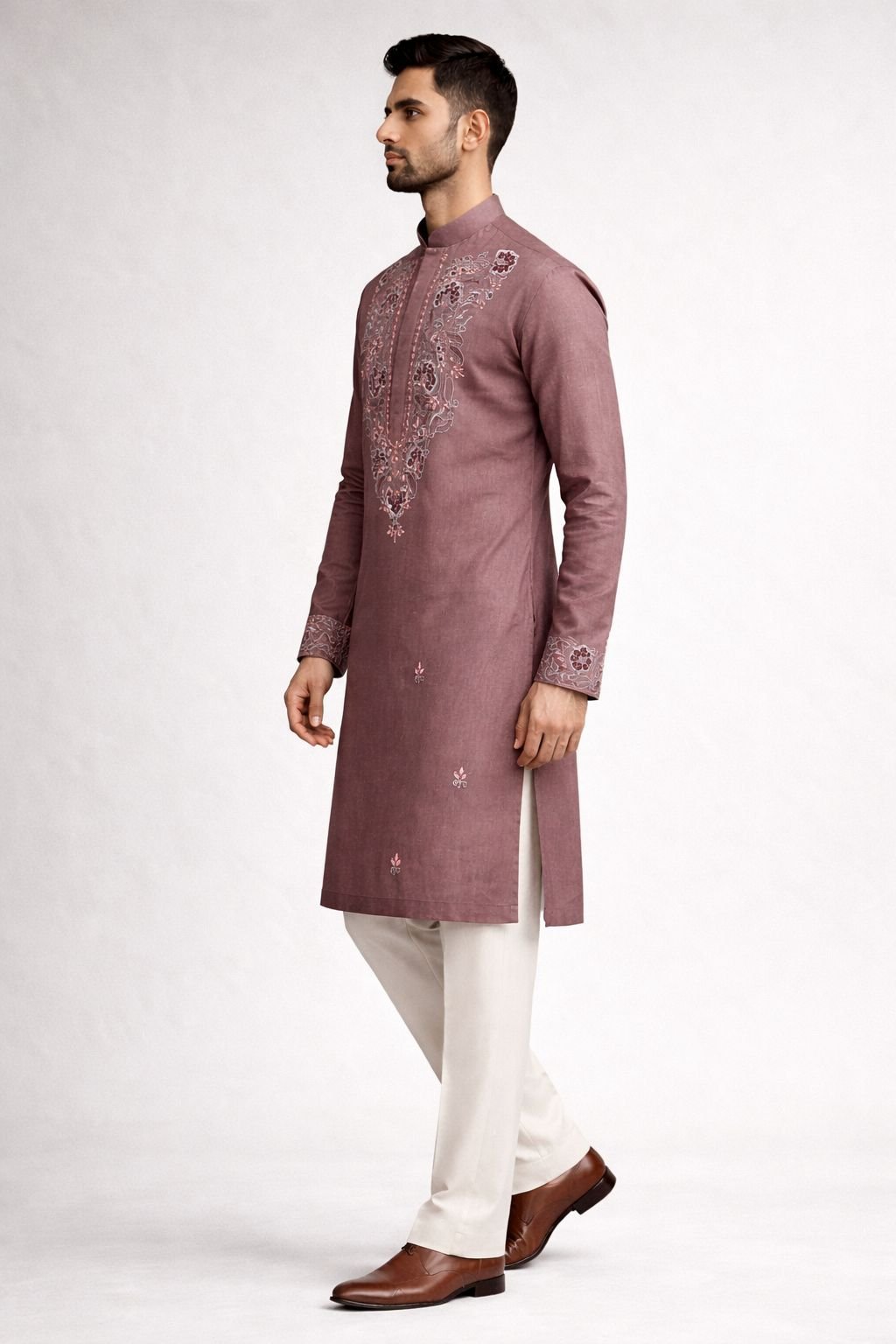 Onion Pink Roman Silk Long Kurta