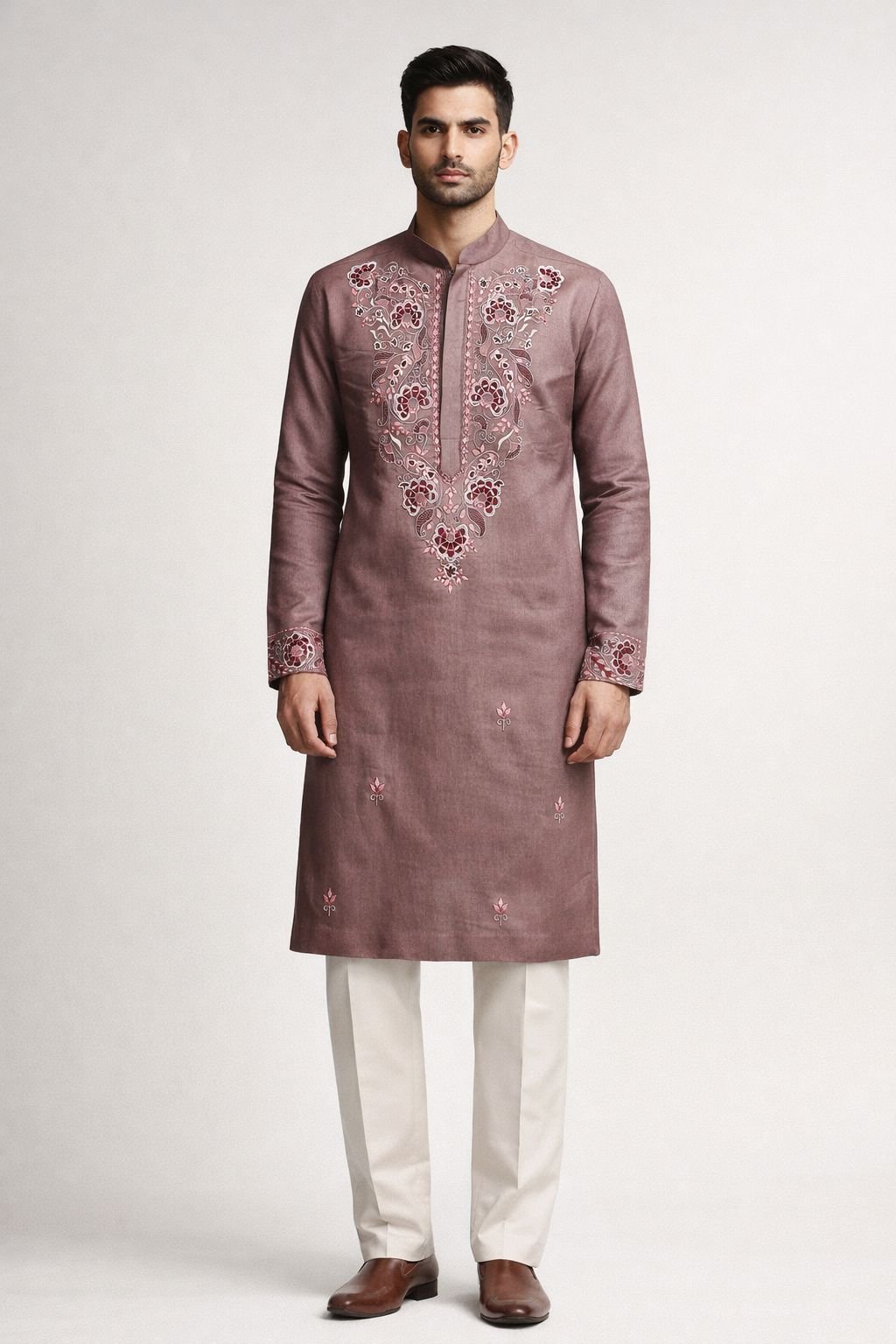 Onion Pink Roman Silk Long Kurta