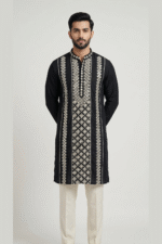 Midnight Black Roman Silk Long Kurta