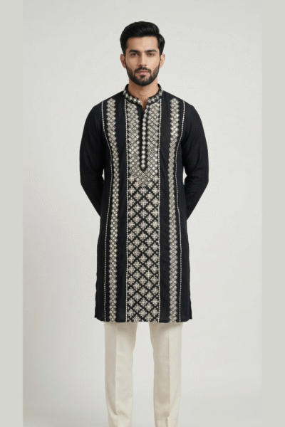 Midnight Black Roman Silk Long Kurta