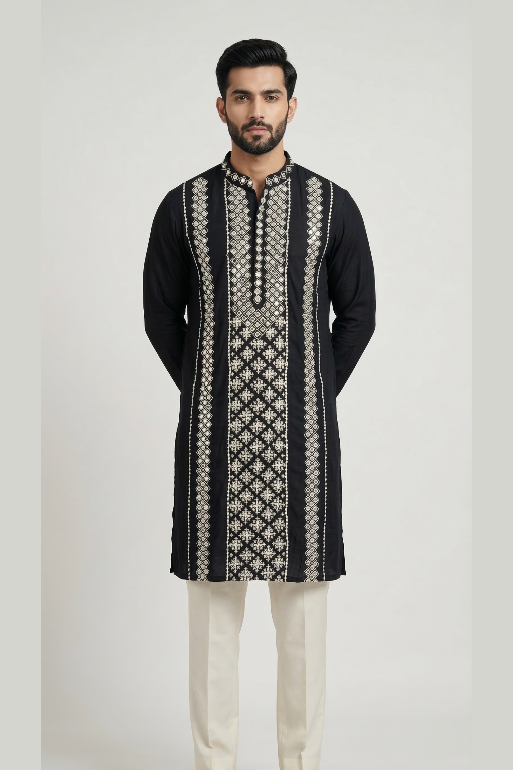 Midnight Black Roman Silk Long Kurta