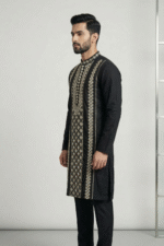 Midnight Black Roman Silk Long Kurta