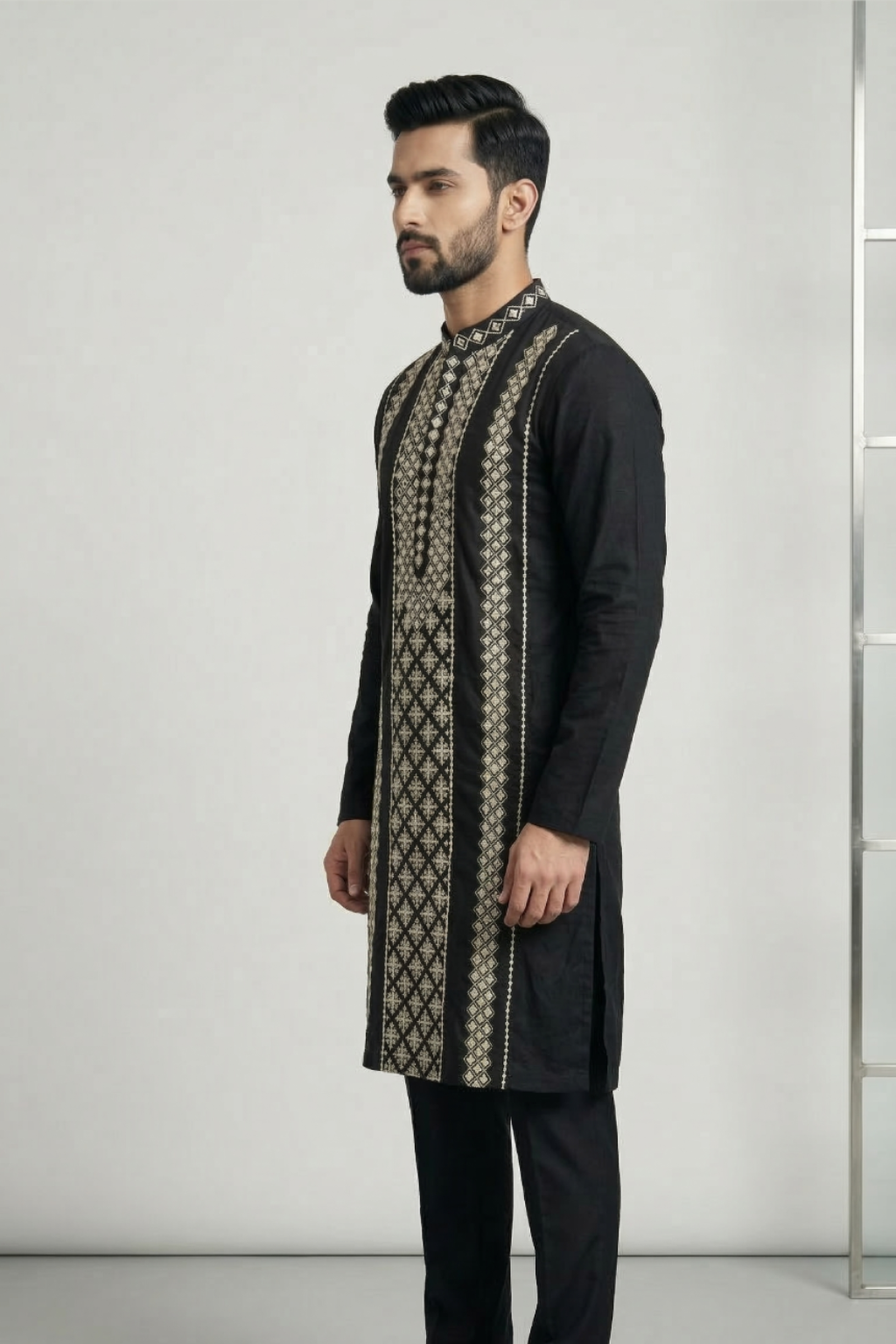 Midnight Black Roman Silk Long Kurta