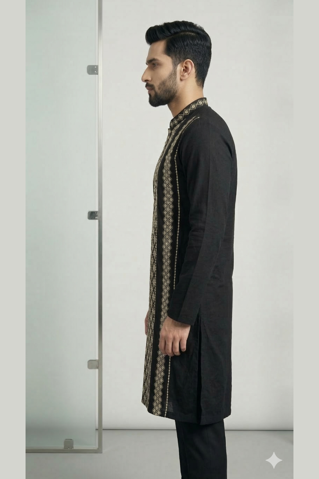 Midnight Black Roman Silk Long Kurta